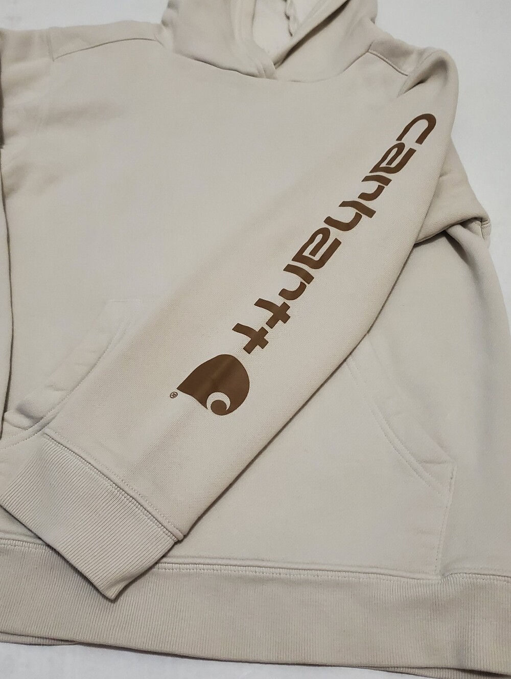 Carhartt Boys 10-12 Front Pocket Light Beige Pull Over Logo Hooded Sweatshirt - Picture 5 of 11